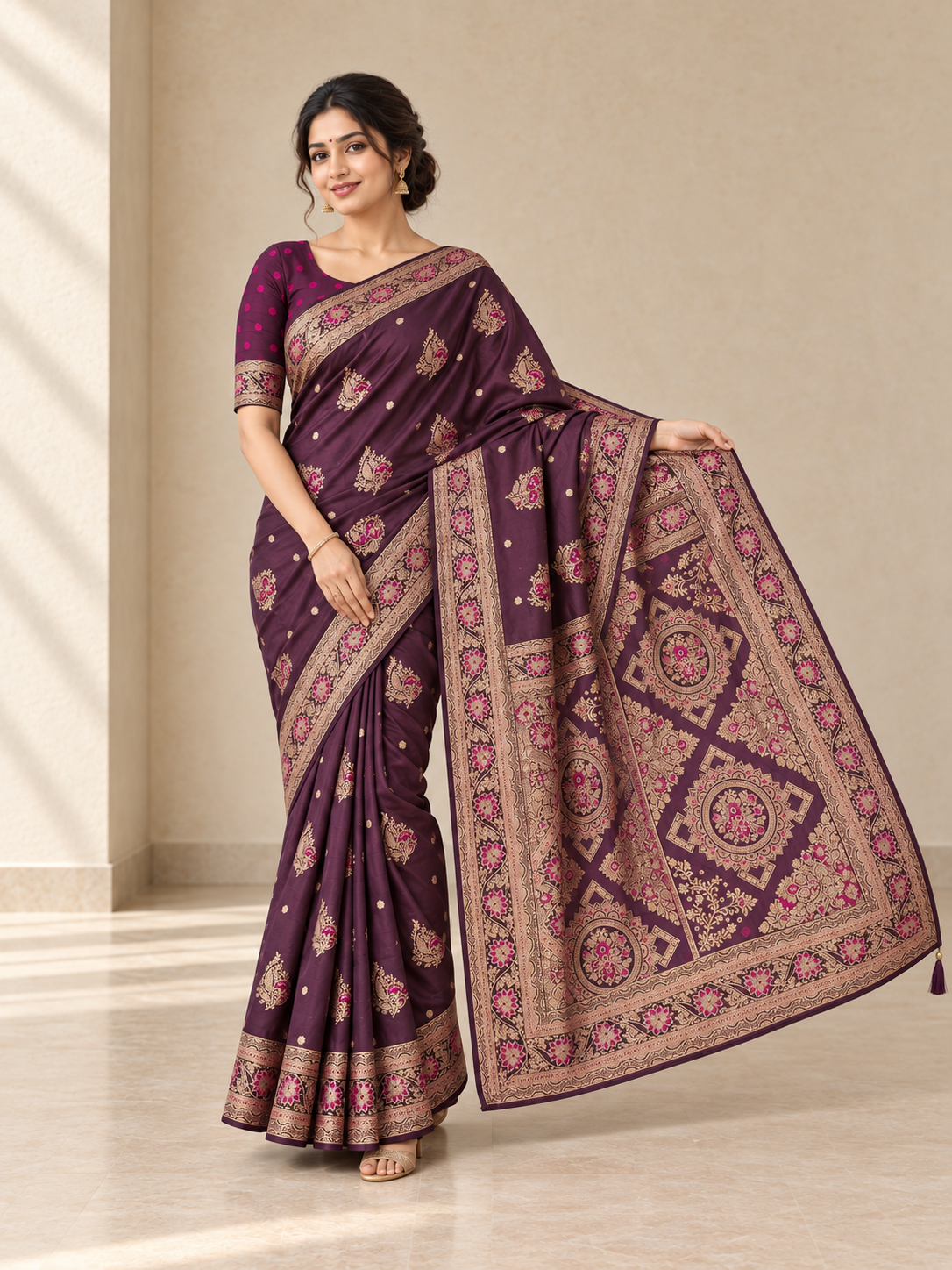 Peachmode Wine Art Silk Woven Saree - Image 5