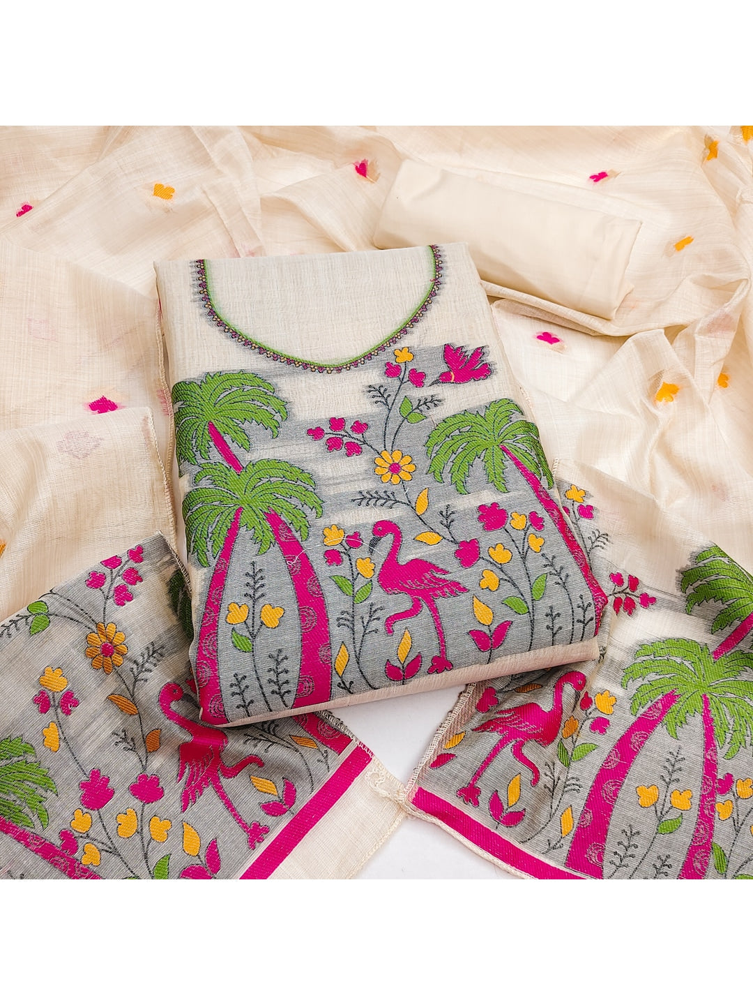 Peachmode Cream Jamdani Cotton Palm Bird Unstitched Dress Material - Image 3