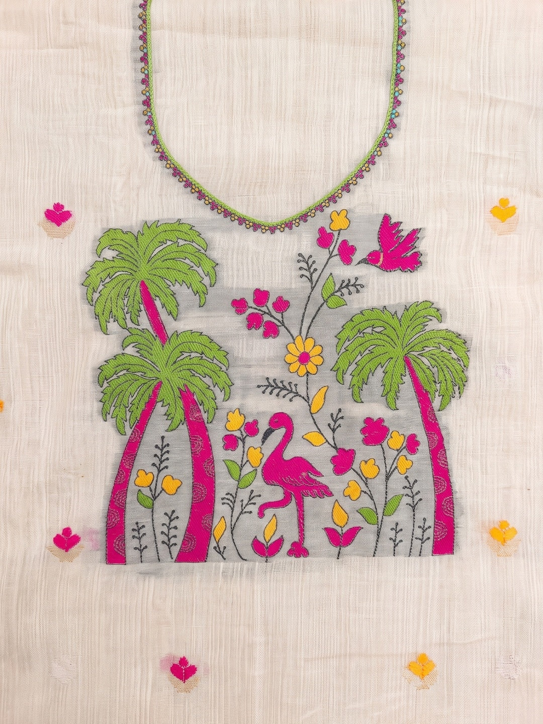 Peachmode Cream Jamdani Cotton Palm Bird Unstitched Dress Material - Image 4