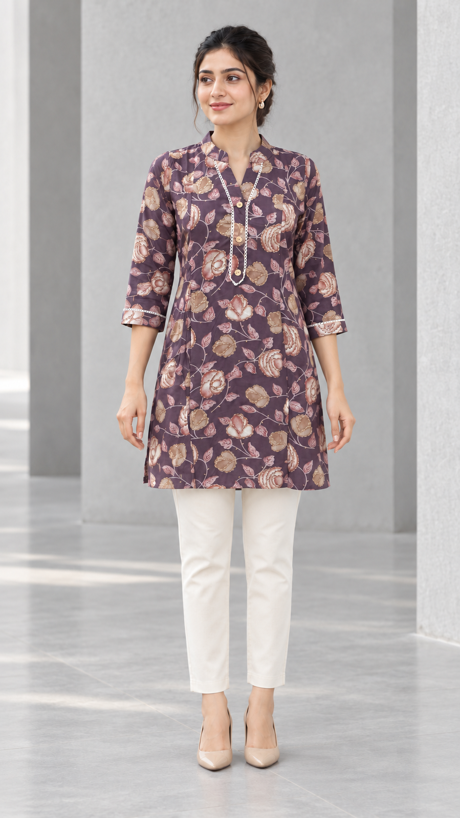 Mauve Floral Printed Rayon Top - Image 2
