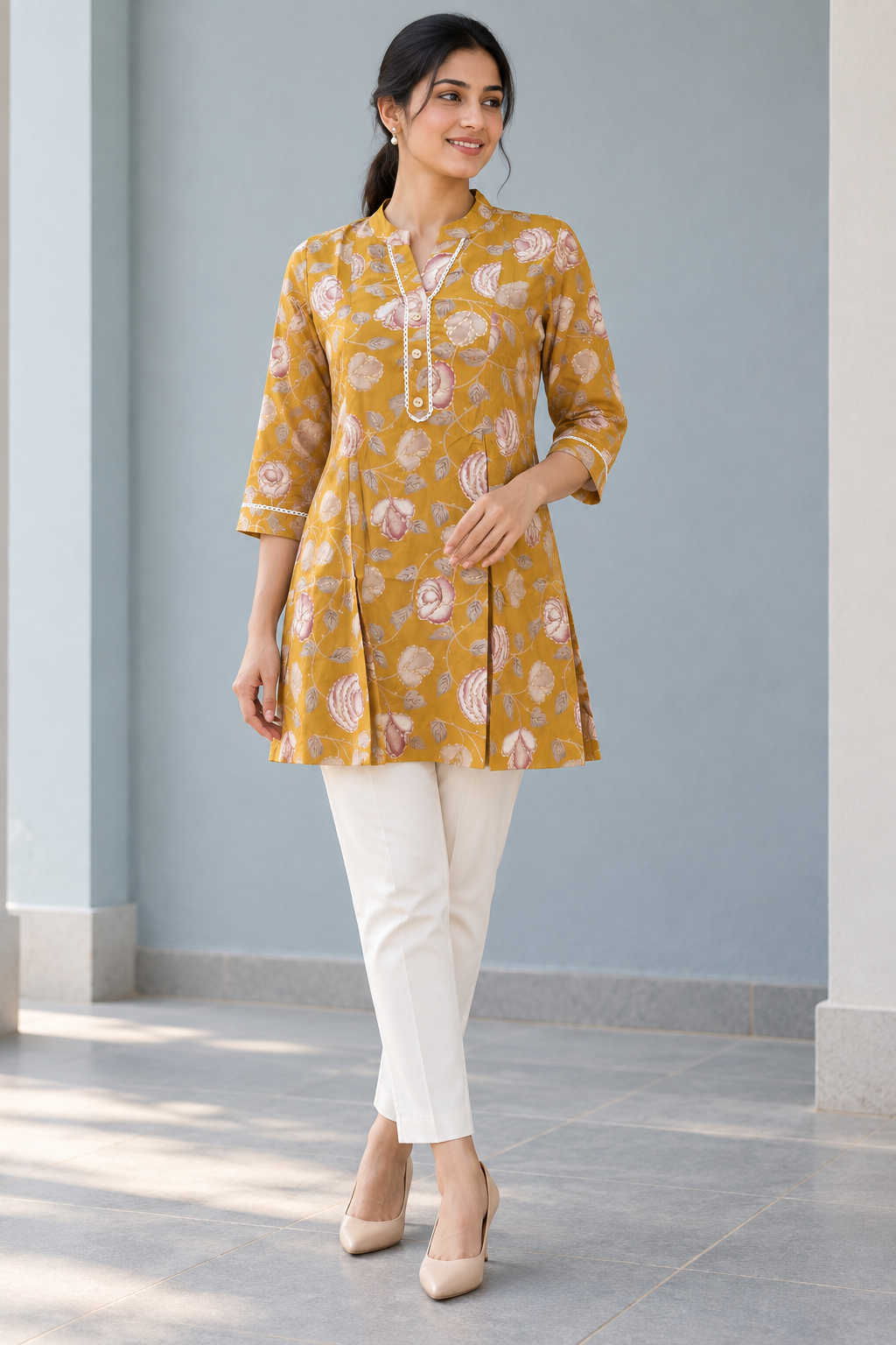 Yellow Floral Printed Rayon Top - Image 1