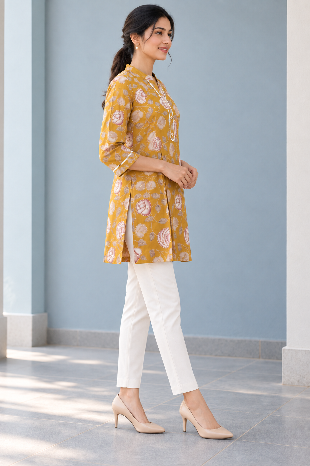 Yellow Floral Printed Rayon Top - Image 3