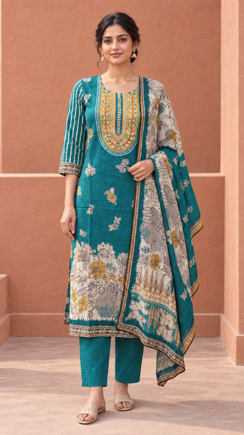Teal Floral Printed Muslin Suit with Embellished Yoke - Image 2