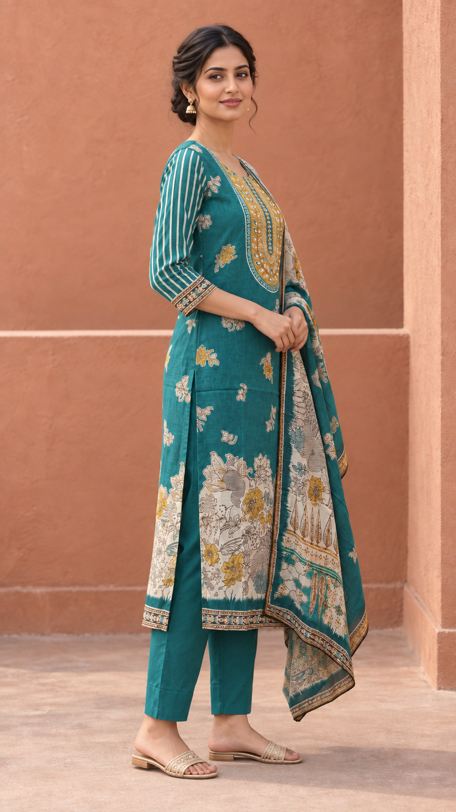 Teal Floral Printed Muslin Suit with Embellished Yoke - Image 3