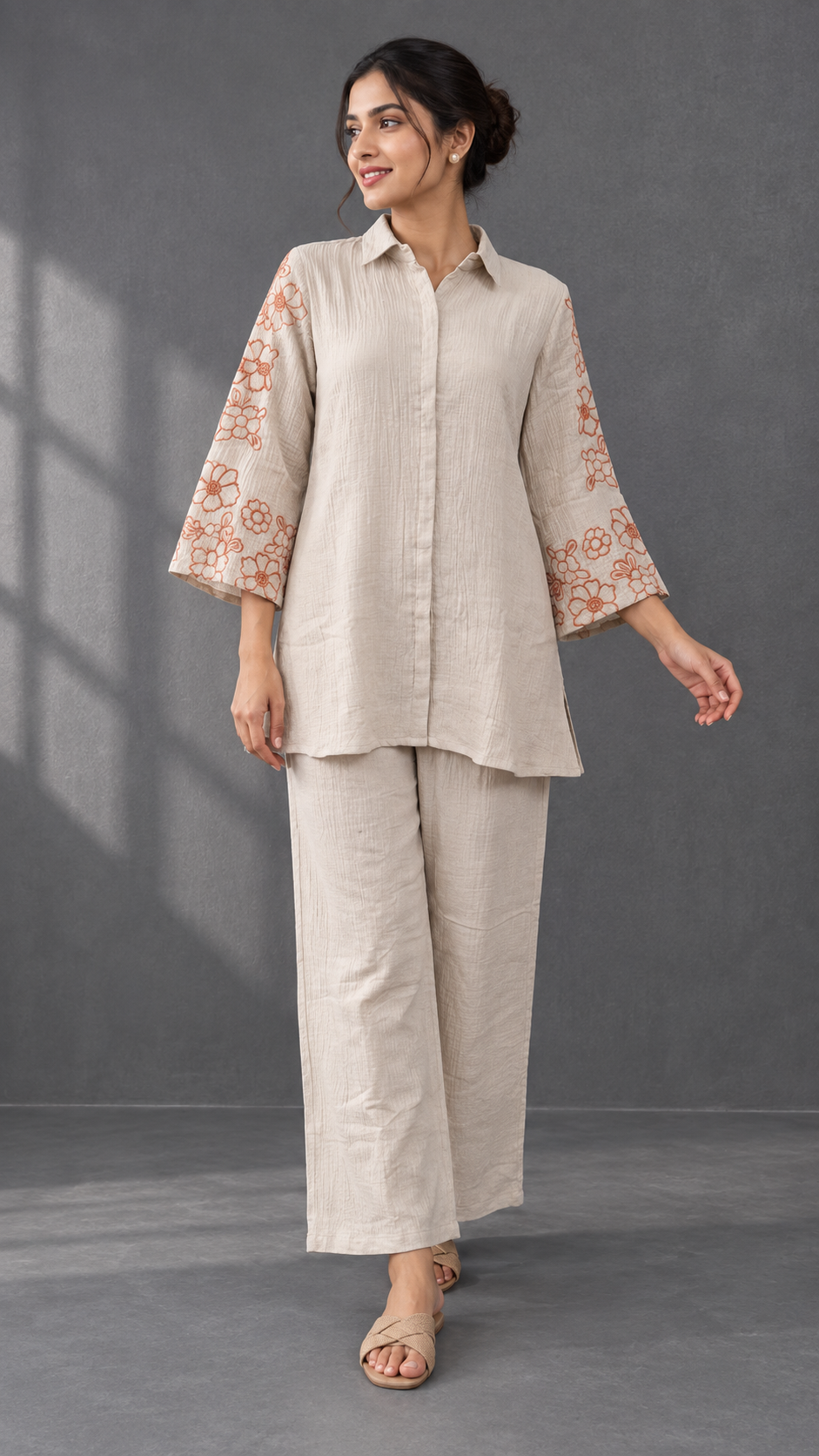 Beige Pure Cotton Co-ord Set with Floral Embroidered Sleeves - Image 1