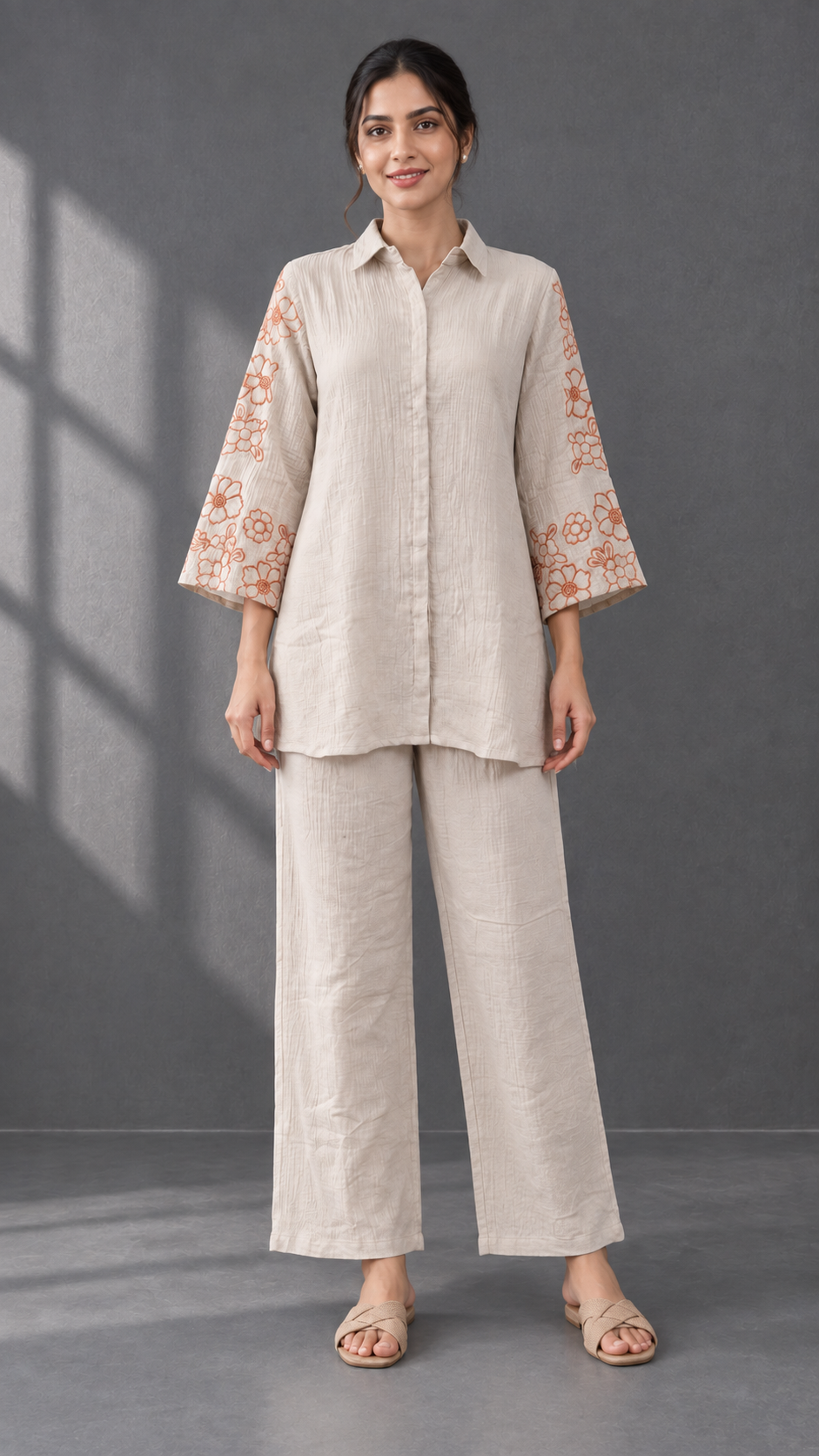 Beige Pure Cotton Co-ord Set with Floral Embroidered Sleeves - Image 2