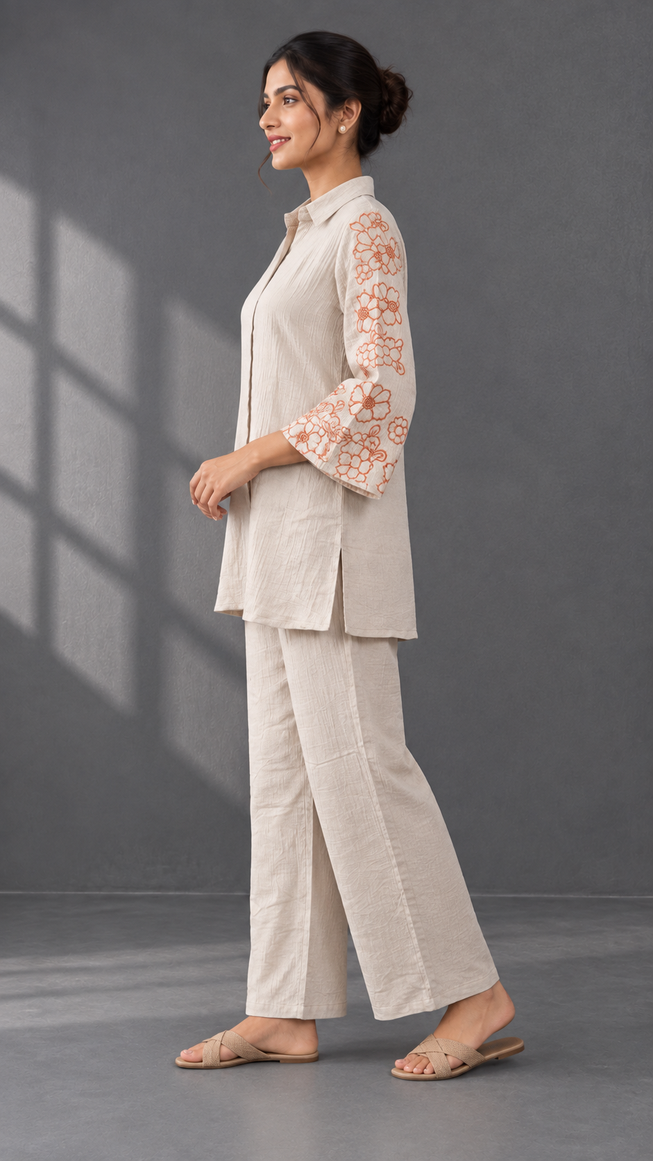 Beige Pure Cotton Co-ord Set with Floral Embroidered Sleeves - Image 3