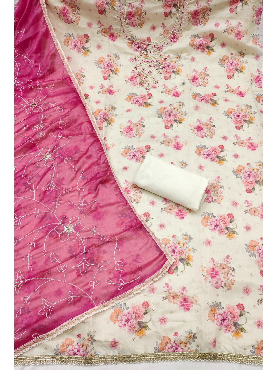 Peachmode Cream Pink Floral Handwork Chanderi Silk Dress Material - Image 1