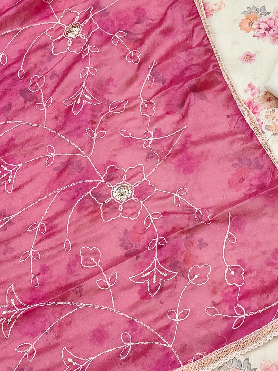 Peachmode Cream Pink Floral Handwork Chanderi Silk Dress Material - Image 5
