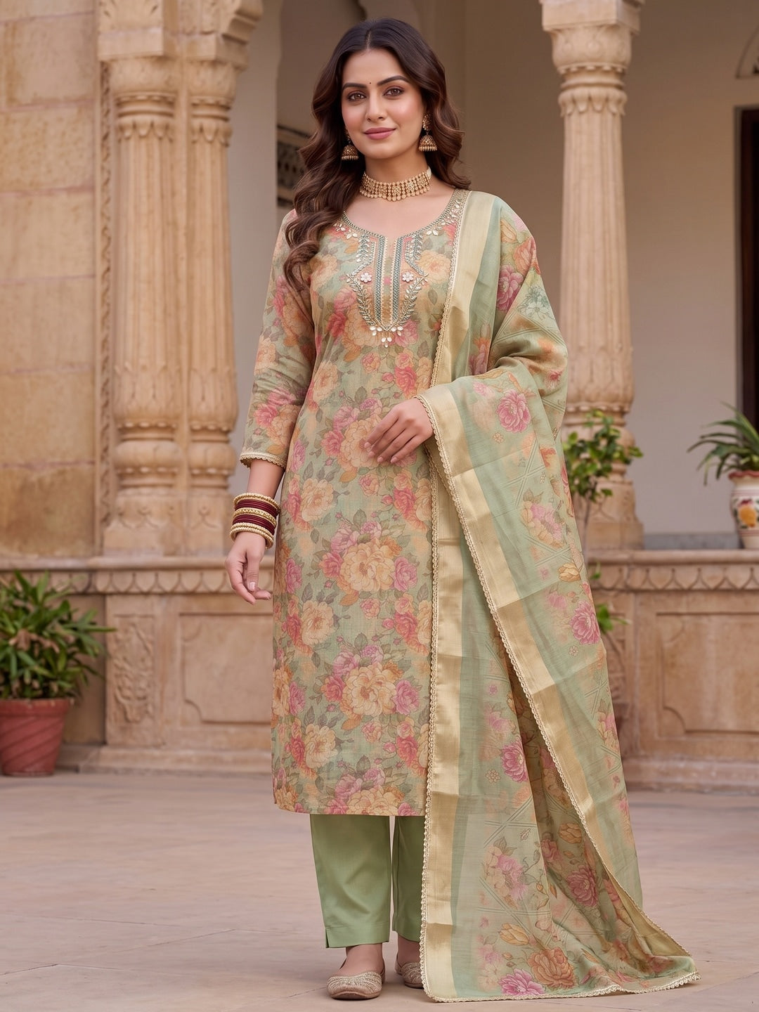 Peachmode Green Floral Handwork Cotton Dress Material - Image 2