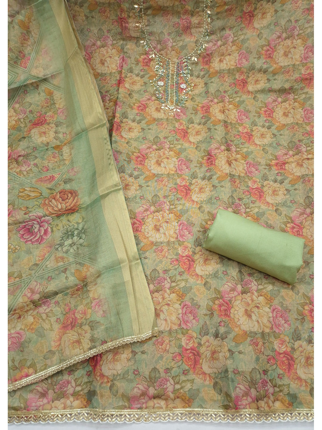 Peachmode Green Floral Handwork Cotton Dress Material - Image 3