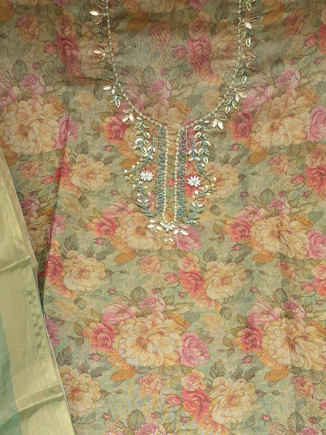 Peachmode Green Floral Handwork Cotton Dress Material - Image 4