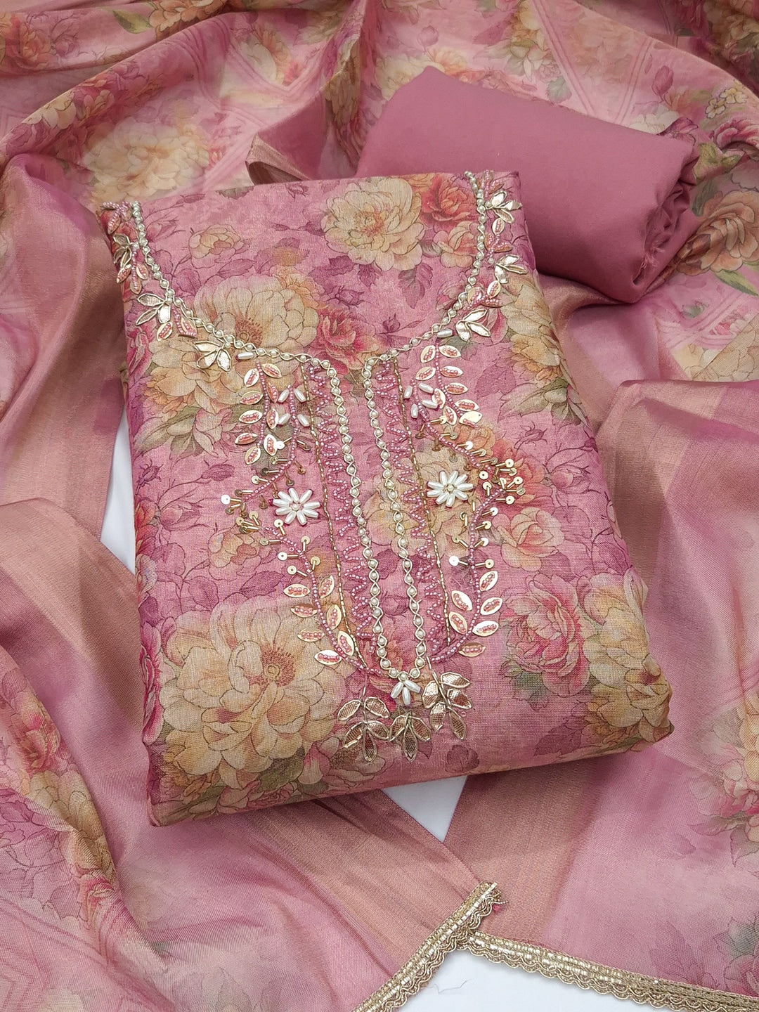 Peachmode Mauve Floral Handwork Cotton Dress Material - Image 1