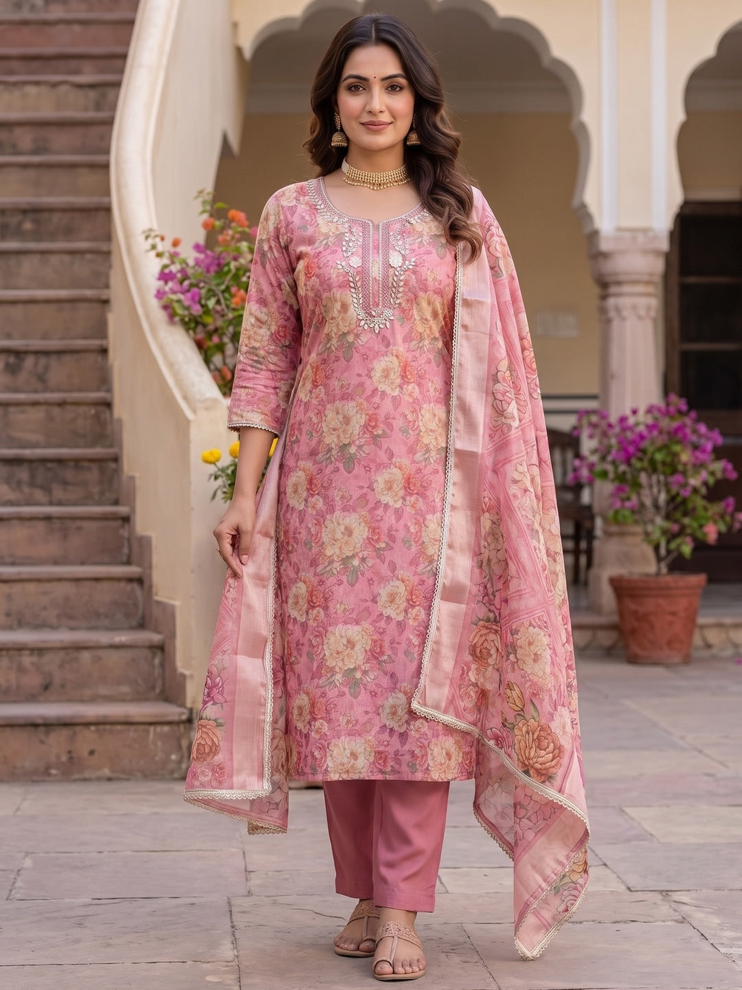 Peachmode Mauve Floral Handwork Cotton Dress Material - Image 2