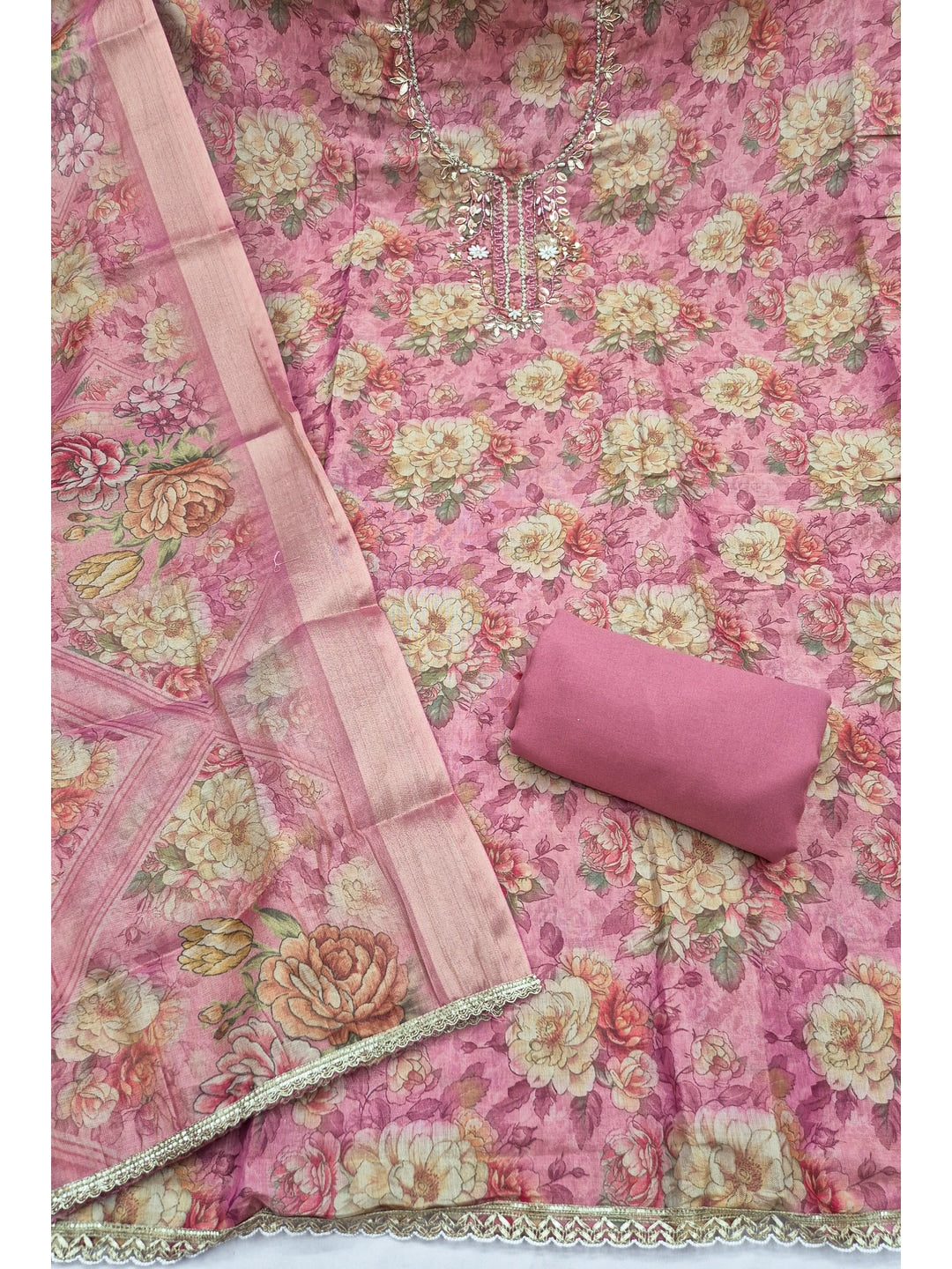 Peachmode Mauve Floral Handwork Cotton Dress Material - Image 3