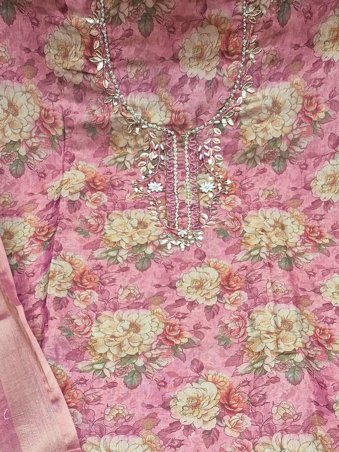 Peachmode Mauve Floral Handwork Cotton Dress Material - Image 4