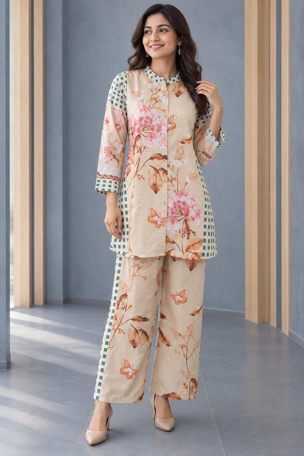 Cream Poly Blend Floral Printed Co-ord Set - Image 1