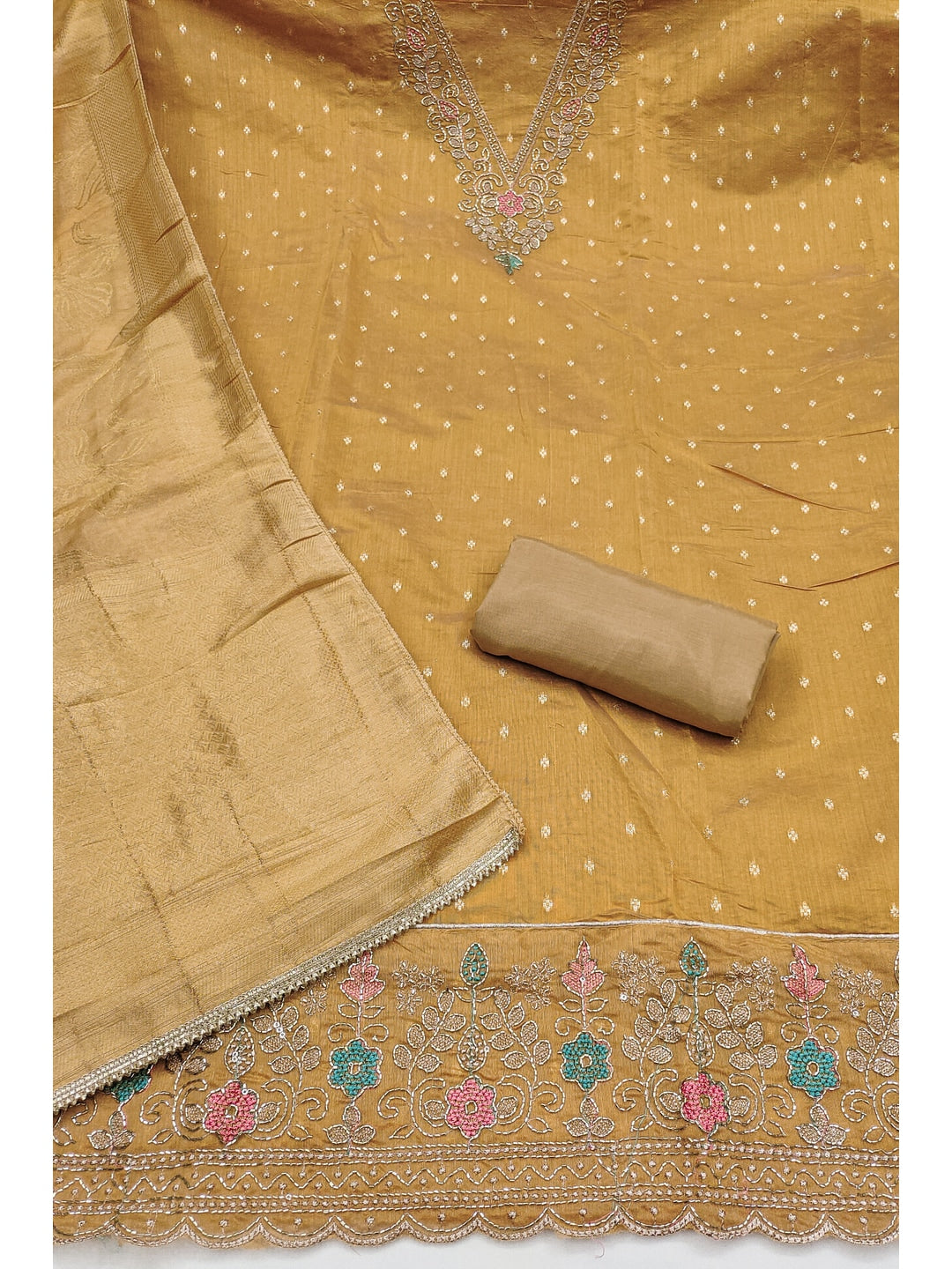 Peachmode Mustard Butti Handwork Chanderi Silk Dress Material - Image 3