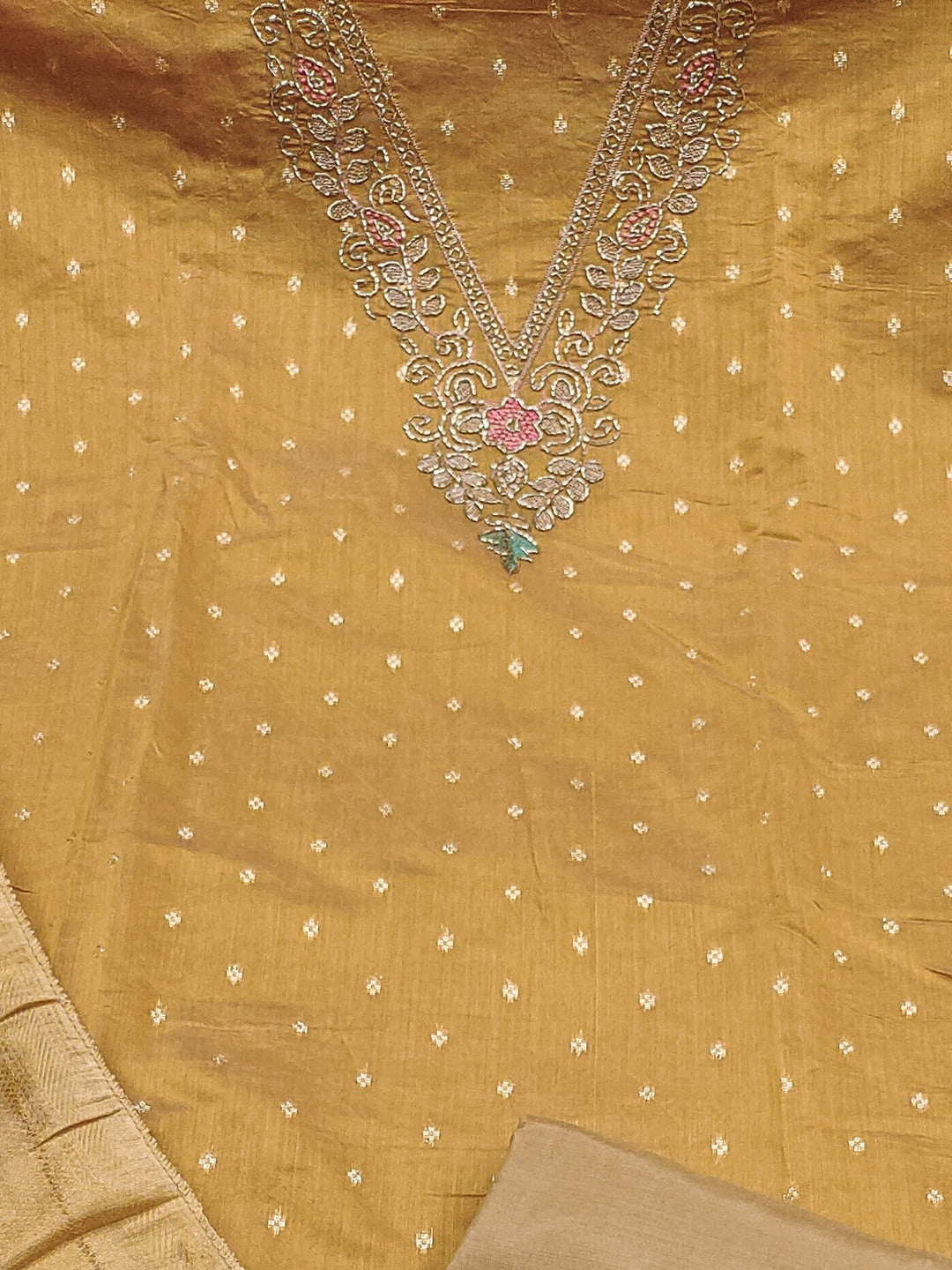 Peachmode Mustard Butti Handwork Chanderi Silk Dress Material - Image 4