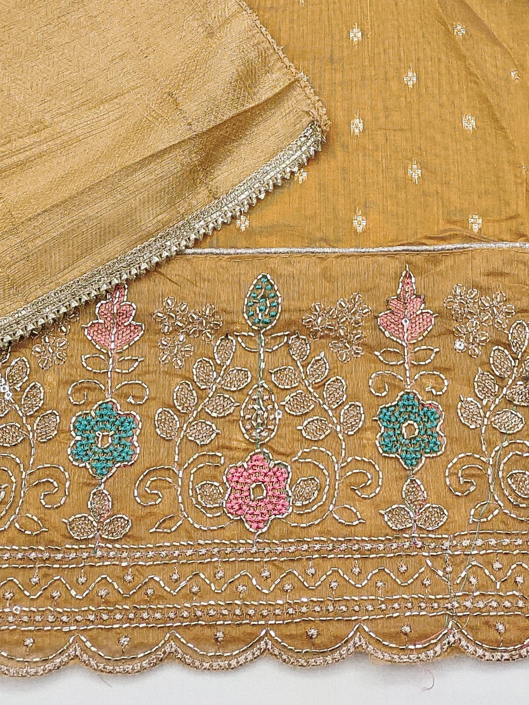 Peachmode Mustard Butti Handwork Chanderi Silk Dress Material - Image 5