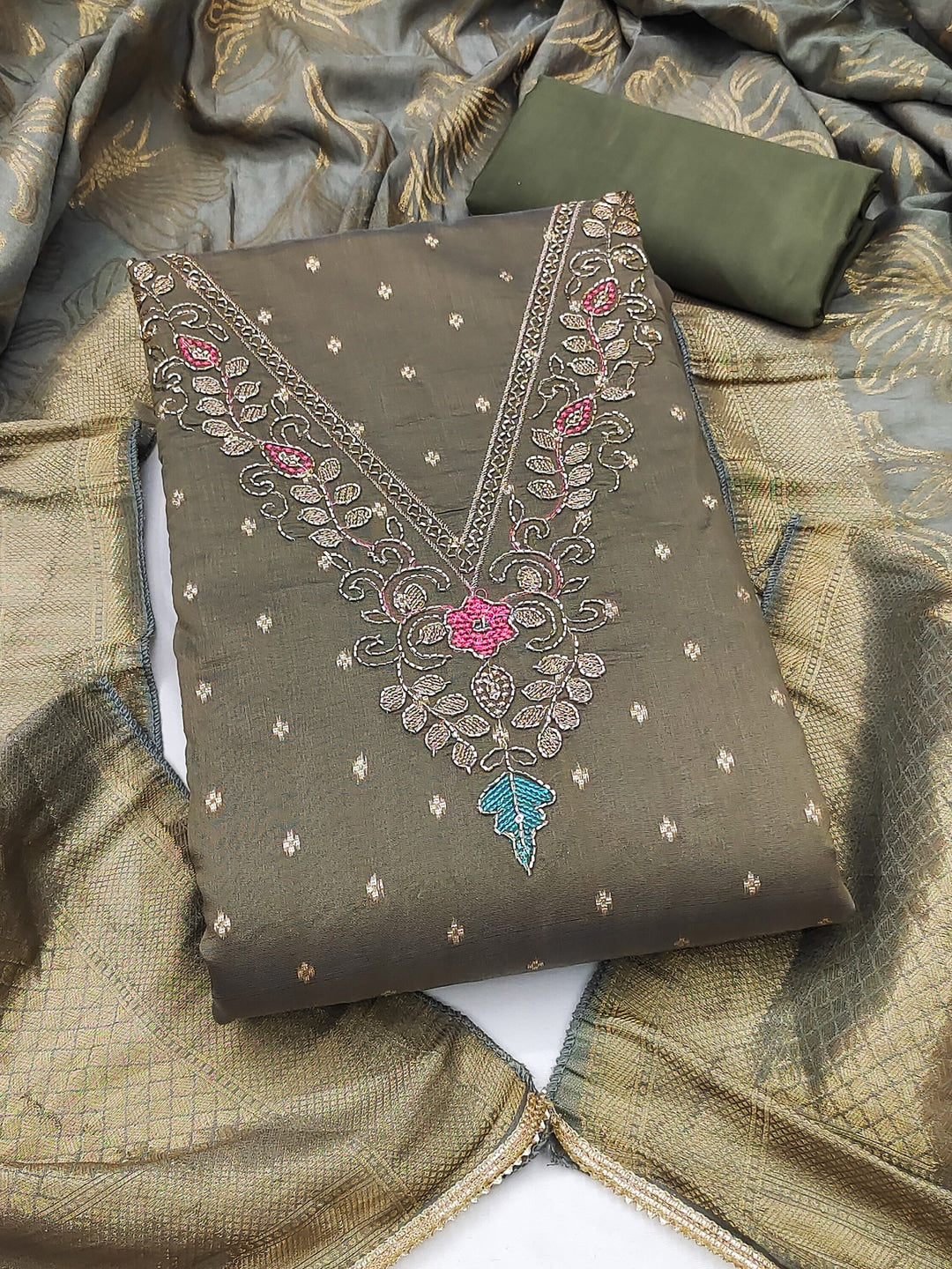 Peachmode Green Butti Handwork Chanderi Silk Dress Material - Image 1