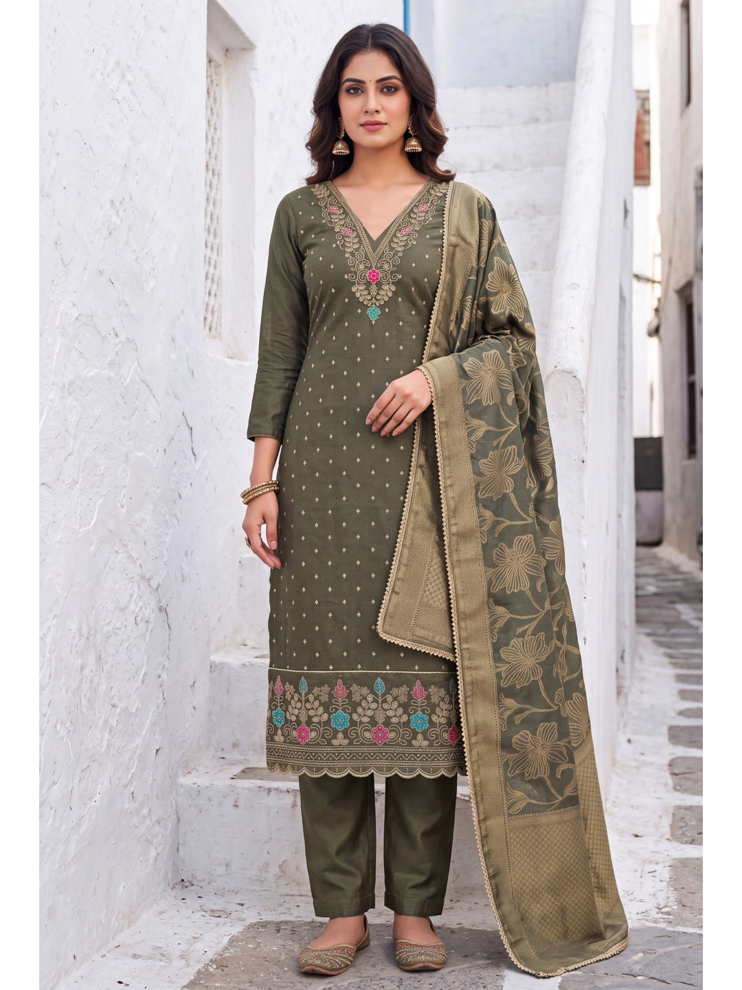 Peachmode Green Butti Handwork Chanderi Silk Dress Material - Image 2