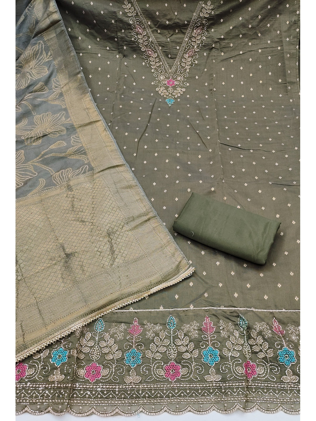 Peachmode Green Butti Handwork Chanderi Silk Dress Material - Image 3