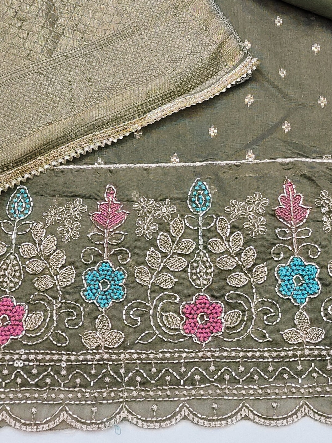 Peachmode Green Butti Handwork Chanderi Silk Dress Material - Image 5