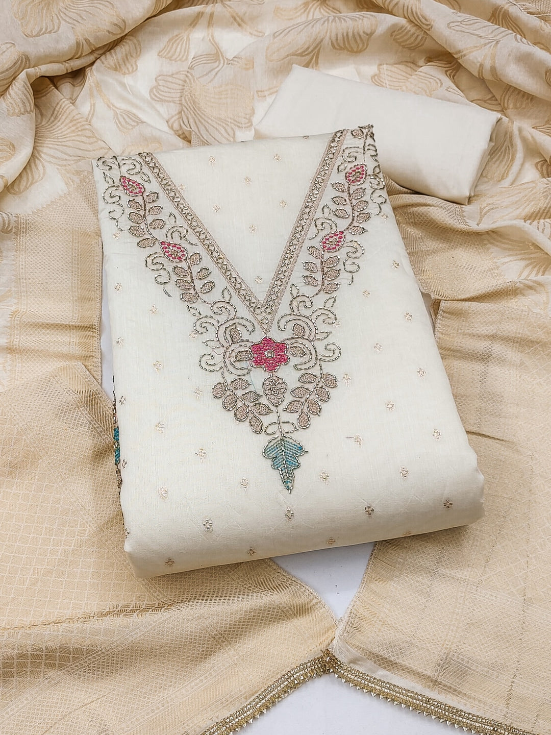 Peachmode Off White Butti Handwork Chanderi Silk Dress Material - Image 1