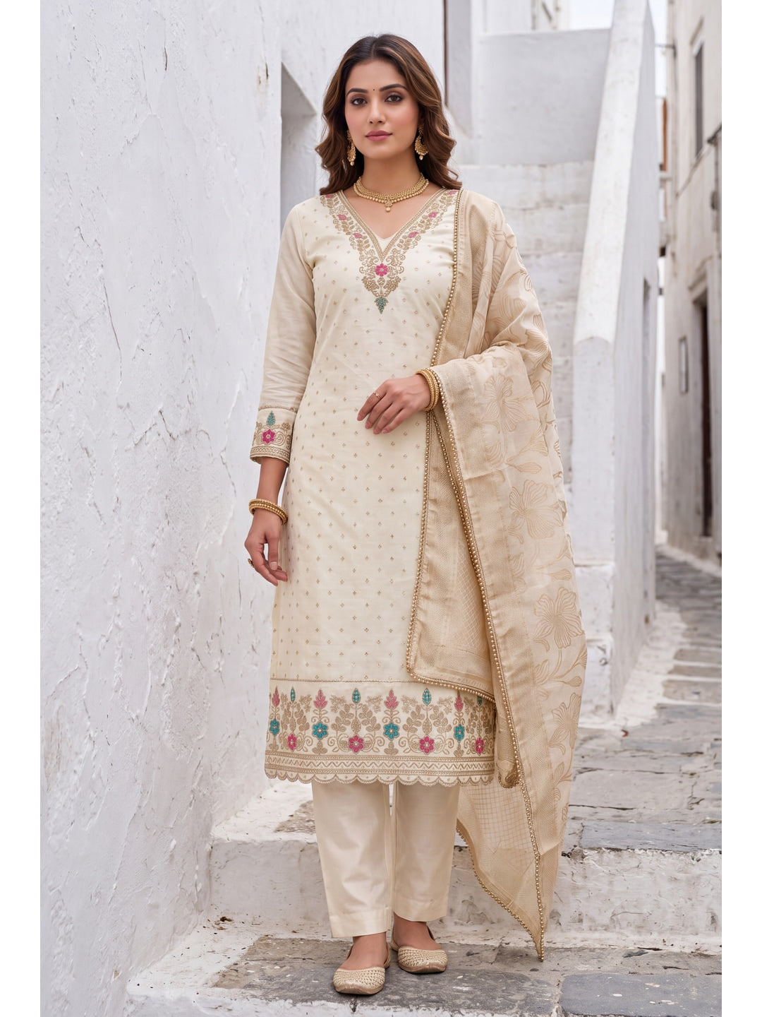 Peachmode Off White Butti Handwork Chanderi Silk Dress Material - Image 2