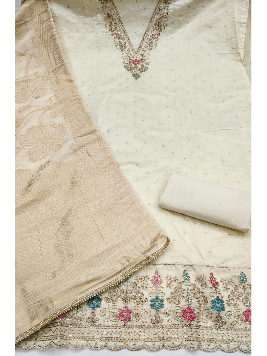 Peachmode Off White Butti Handwork Chanderi Silk Dress Material - Image 3