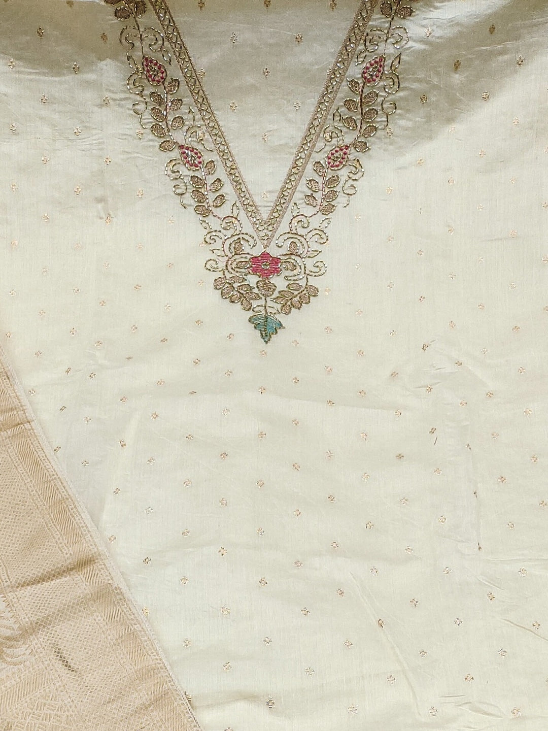 Peachmode Off White Butti Handwork Chanderi Silk Dress Material - Image 4