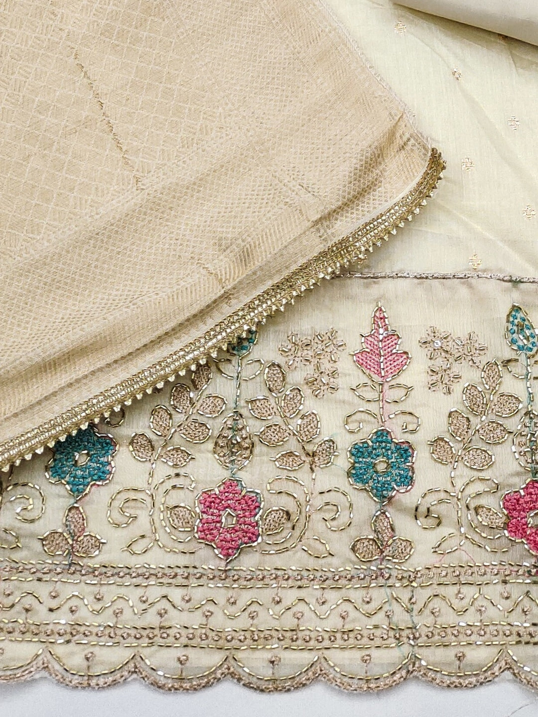 Peachmode Off White Butti Handwork Chanderi Silk Dress Material - Image 5