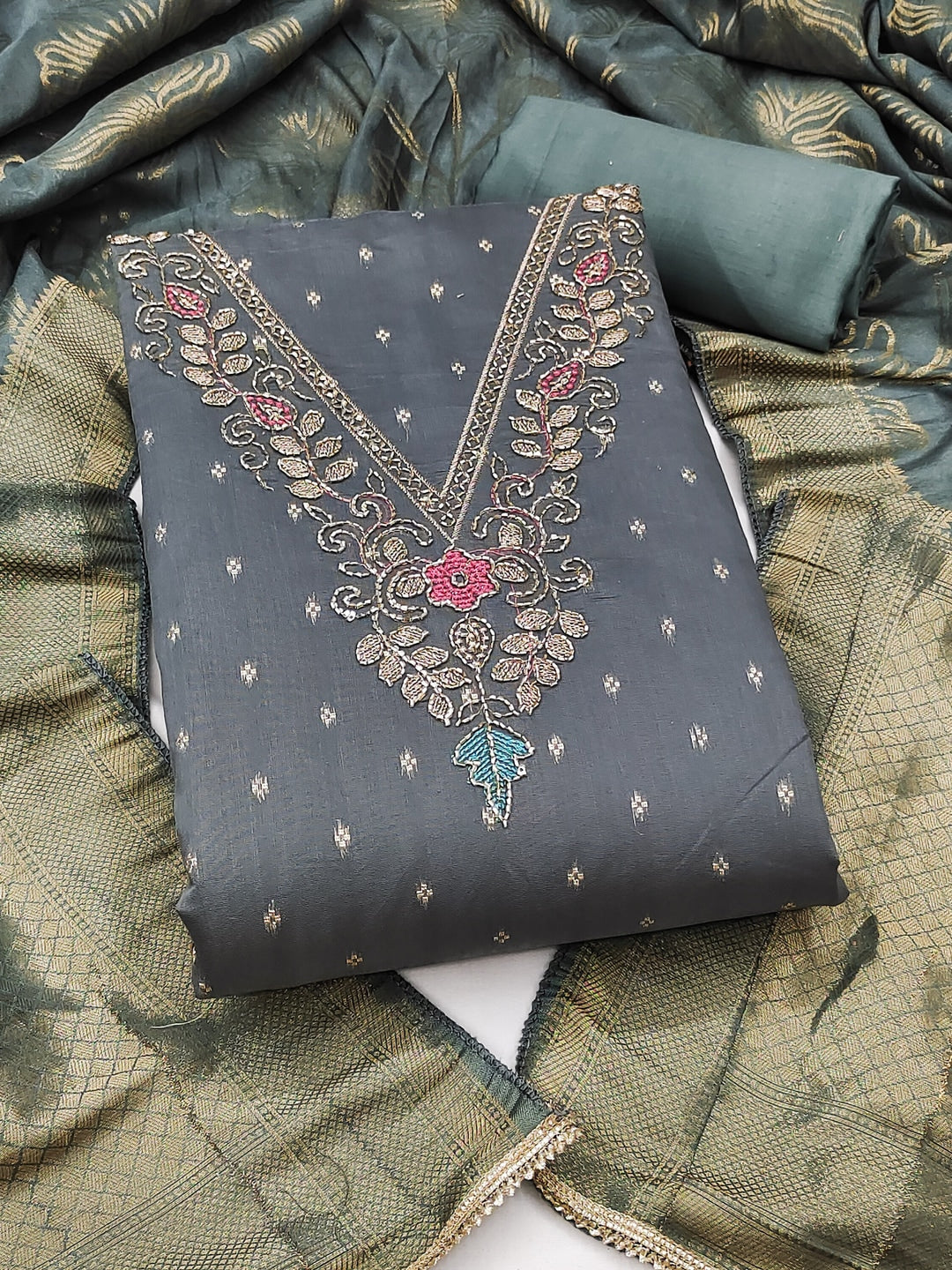 Peachmode Grey Butti Handwork Chanderi Silk Dress Material - Image 1