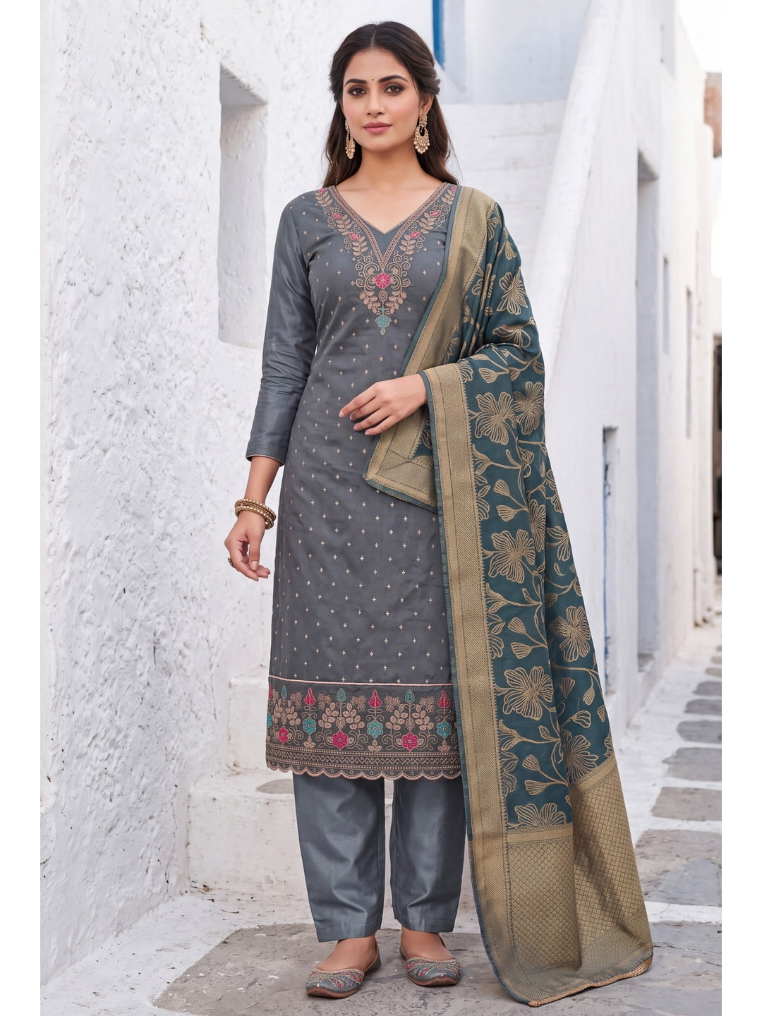 Peachmode Grey Butti Handwork Chanderi Silk Dress Material - Image 2