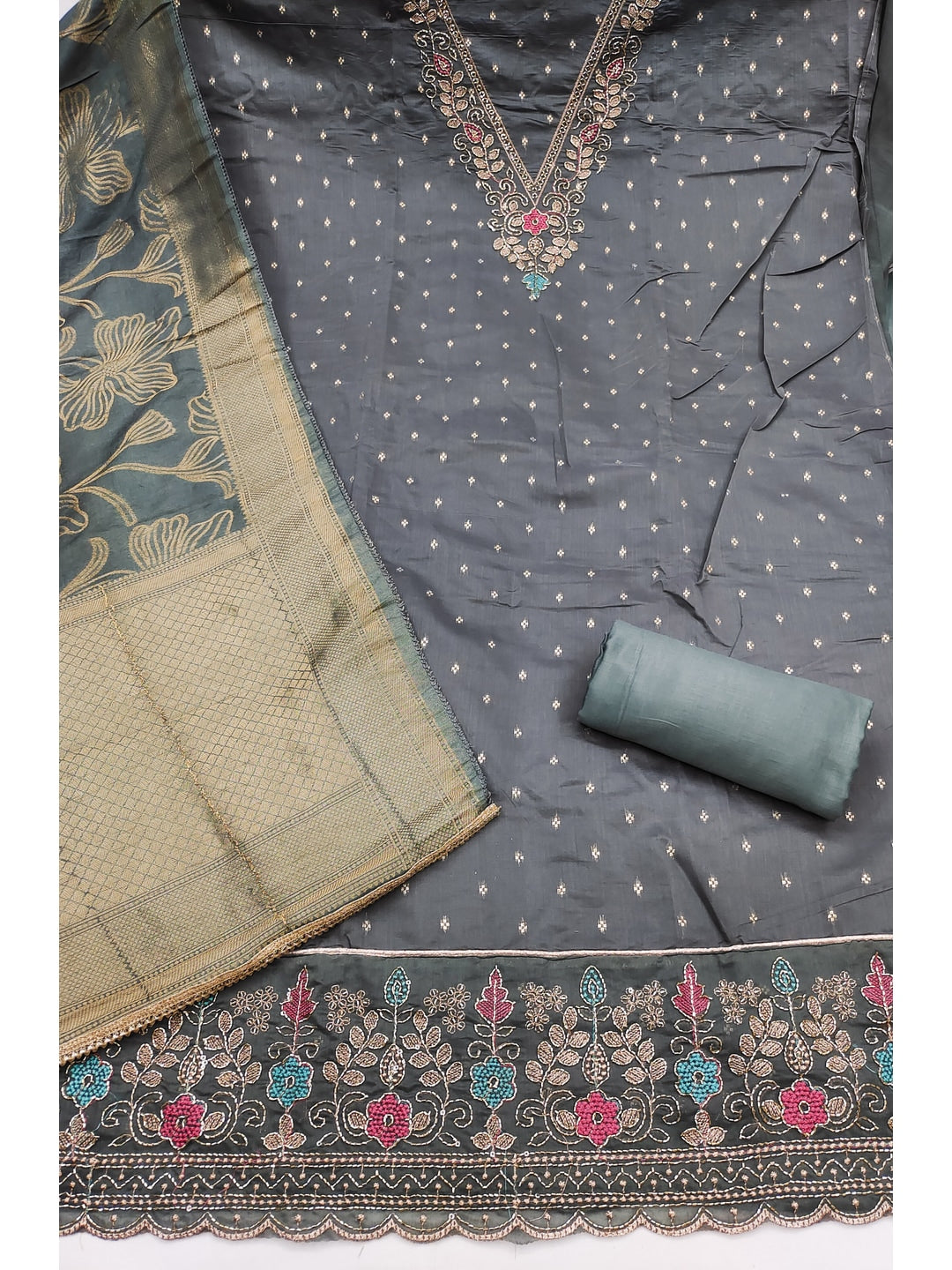 Peachmode Grey Butti Handwork Chanderi Silk Dress Material - Image 3