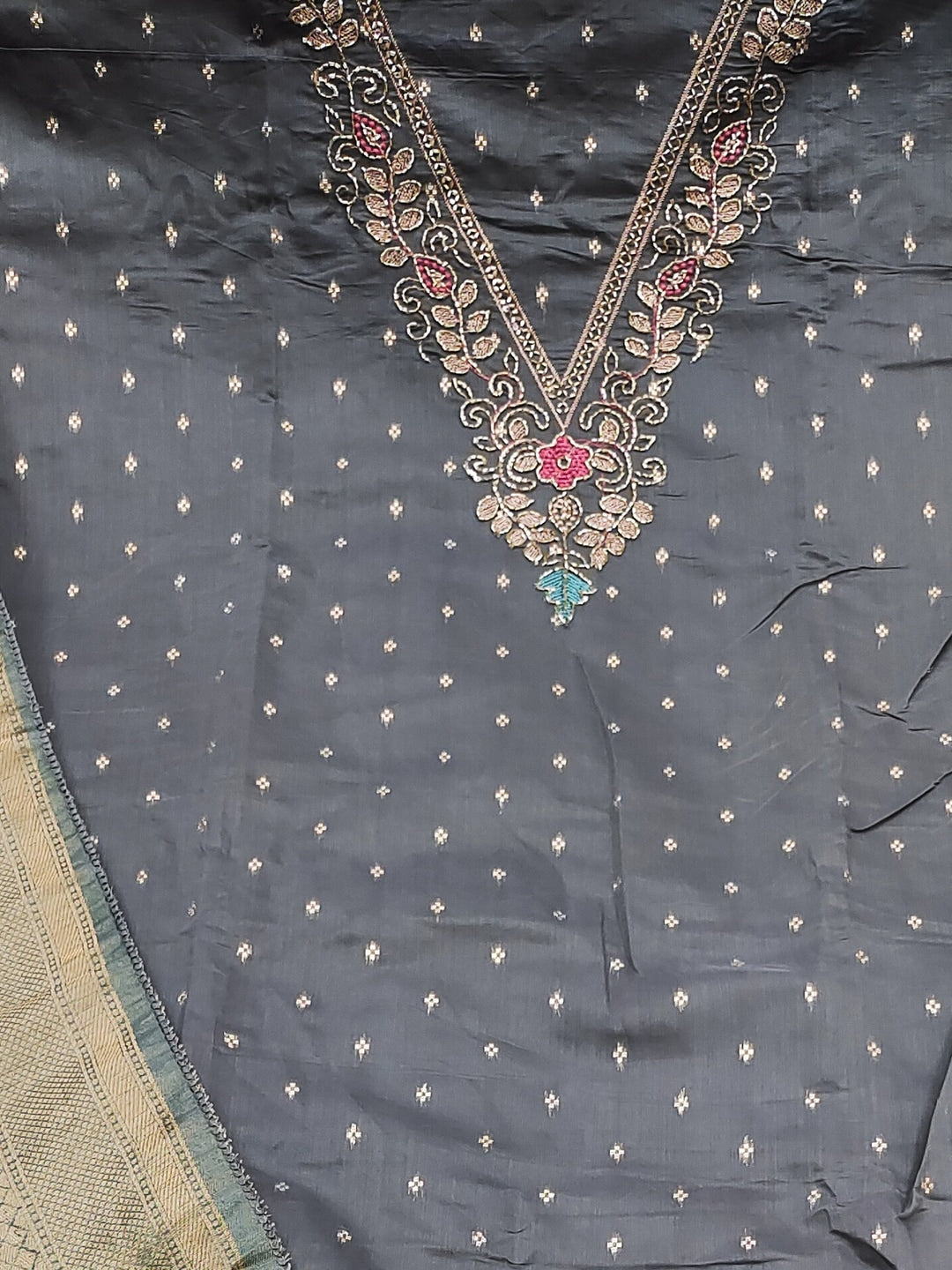 Peachmode Grey Butti Handwork Chanderi Silk Dress Material - Image 4