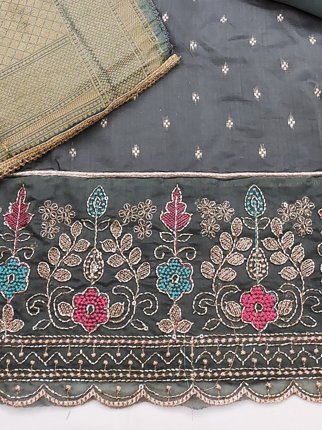 Peachmode Grey Butti Handwork Chanderi Silk Dress Material - Image 5