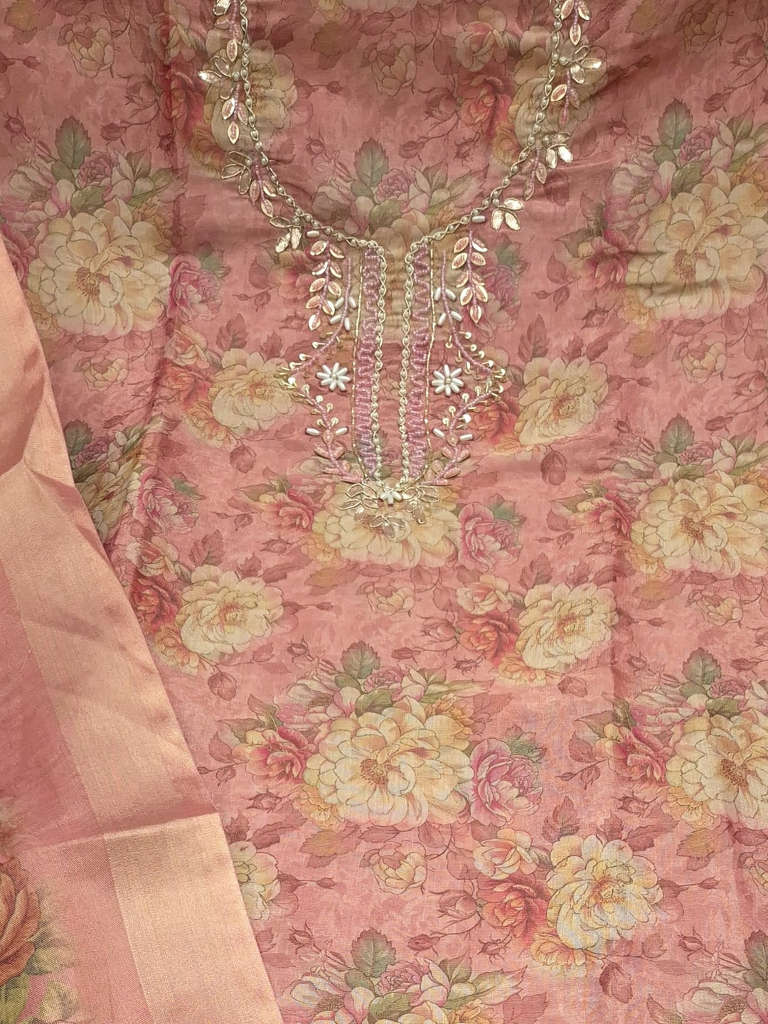 Peachmode Peach Floral Handwork Cotton Dress Material - Image 4