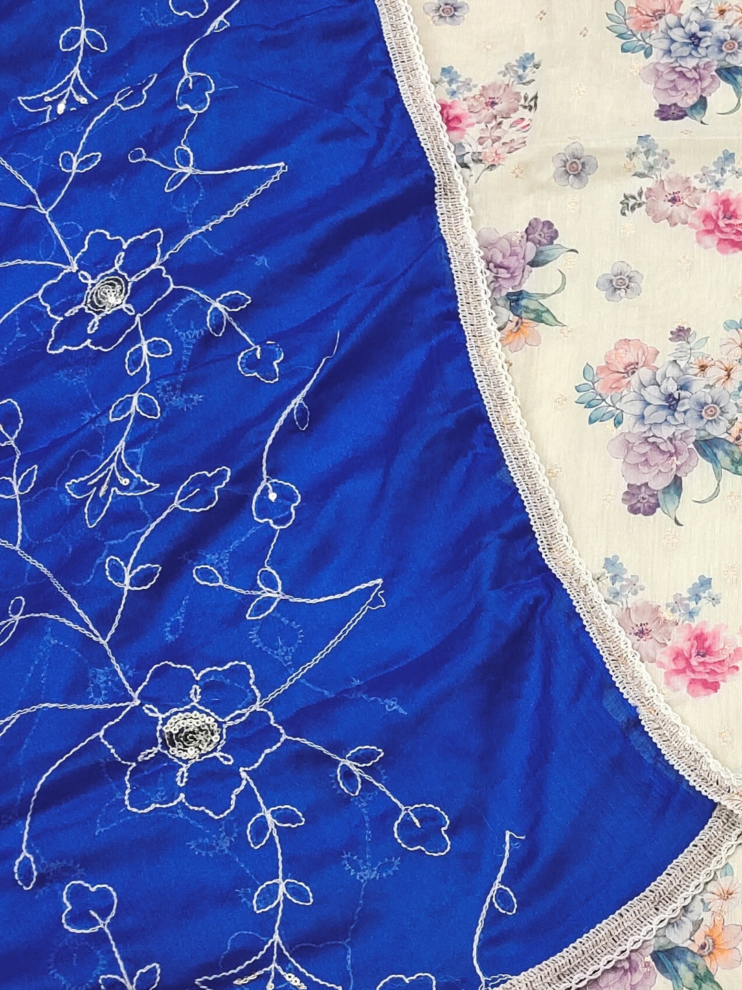 Peachmode Cream Blue Floral Handwork Chanderi Silk Dress Material - Image 5