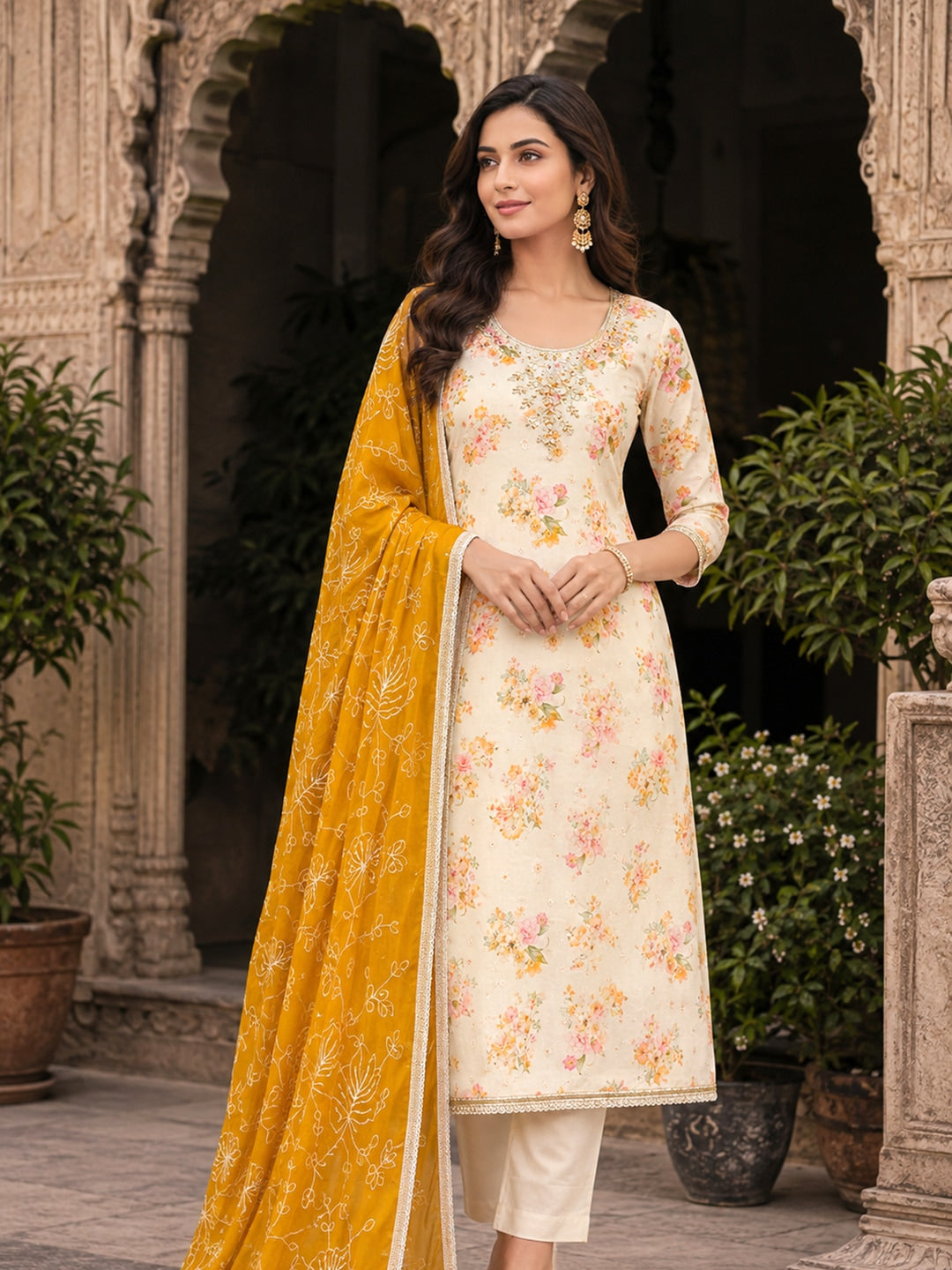 Peachmode Cream Mustard Floral Handwork Chanderi Silk Dress Material - Image 2