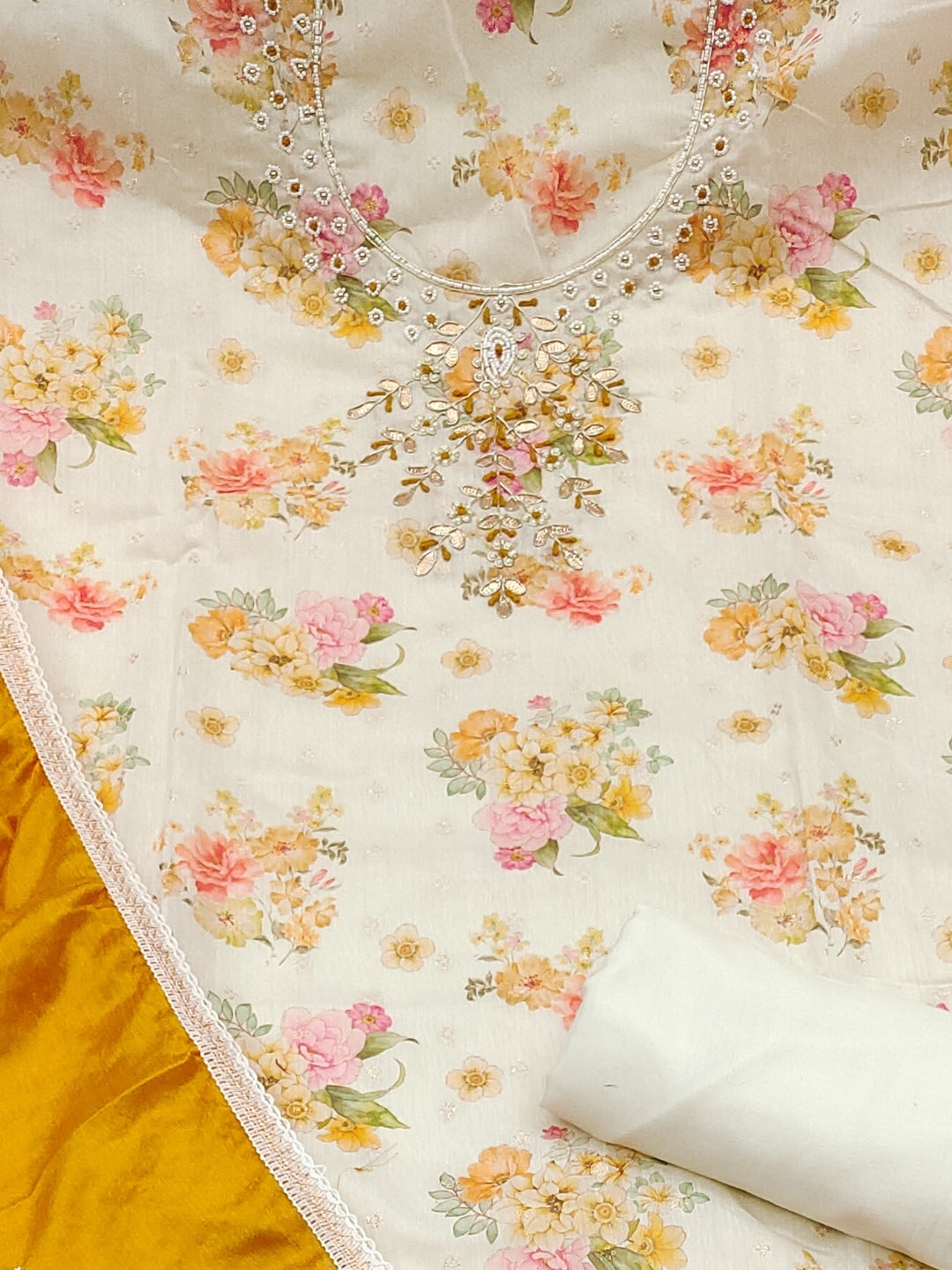 Peachmode Cream Mustard Floral Handwork Chanderi Silk Dress Material - Image 4