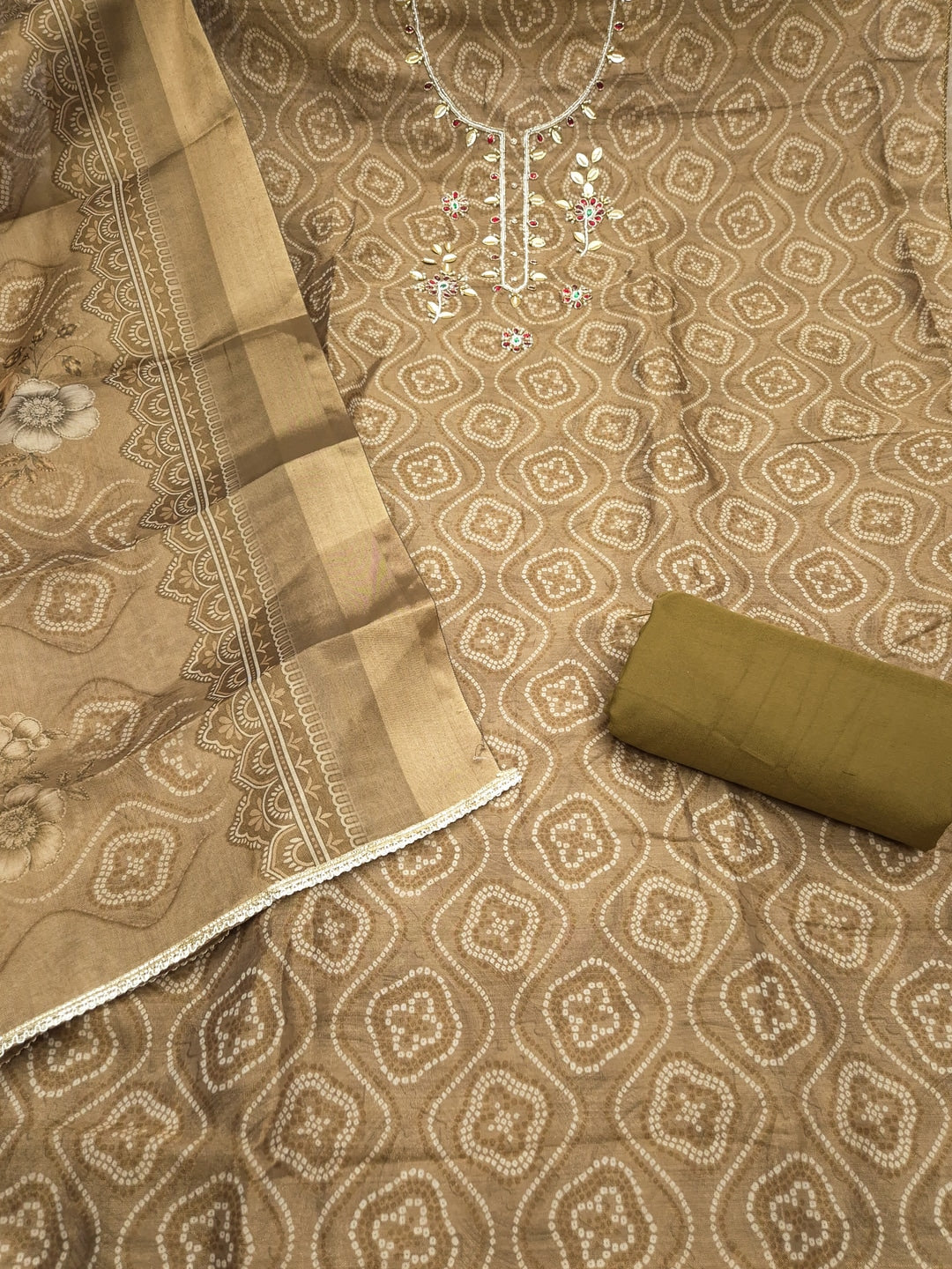 Peachmode Chikoo Bandhani Print Handwork Cotton Dress Material - Image 3