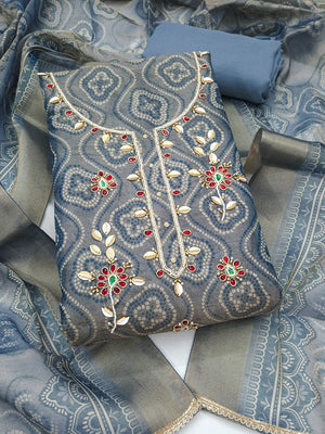 Peachmode Turquoise Bandhani Print Handwork Cotton Dress Material - Image 1