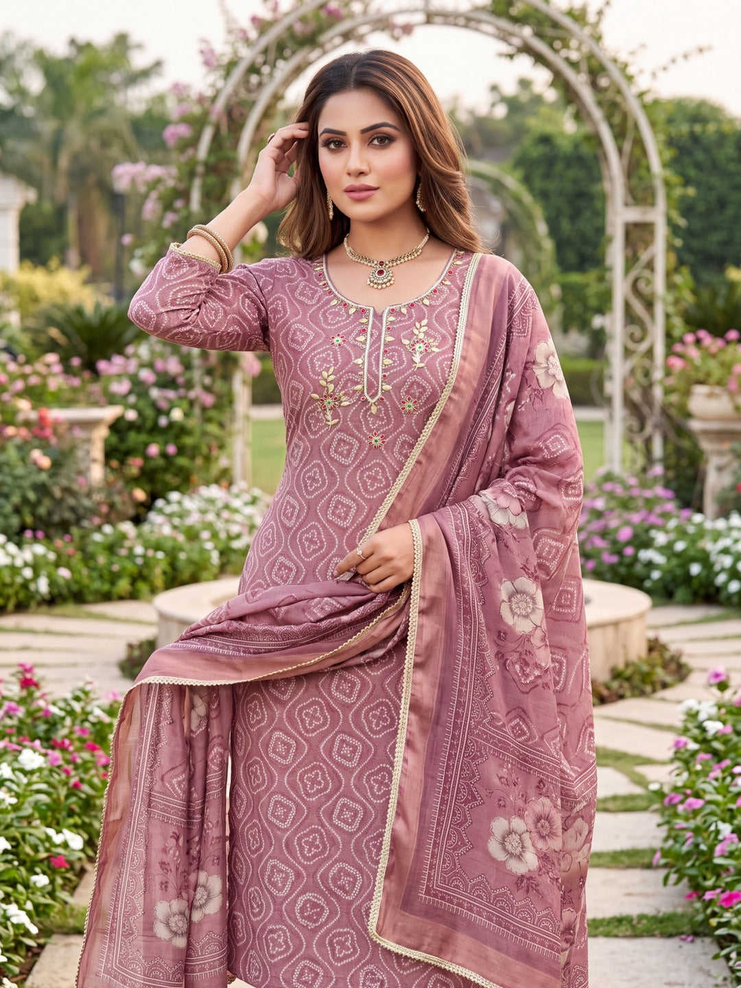 Peachmode Mauve Bandhani Print Handwork Cotton Dress Material - Image 2