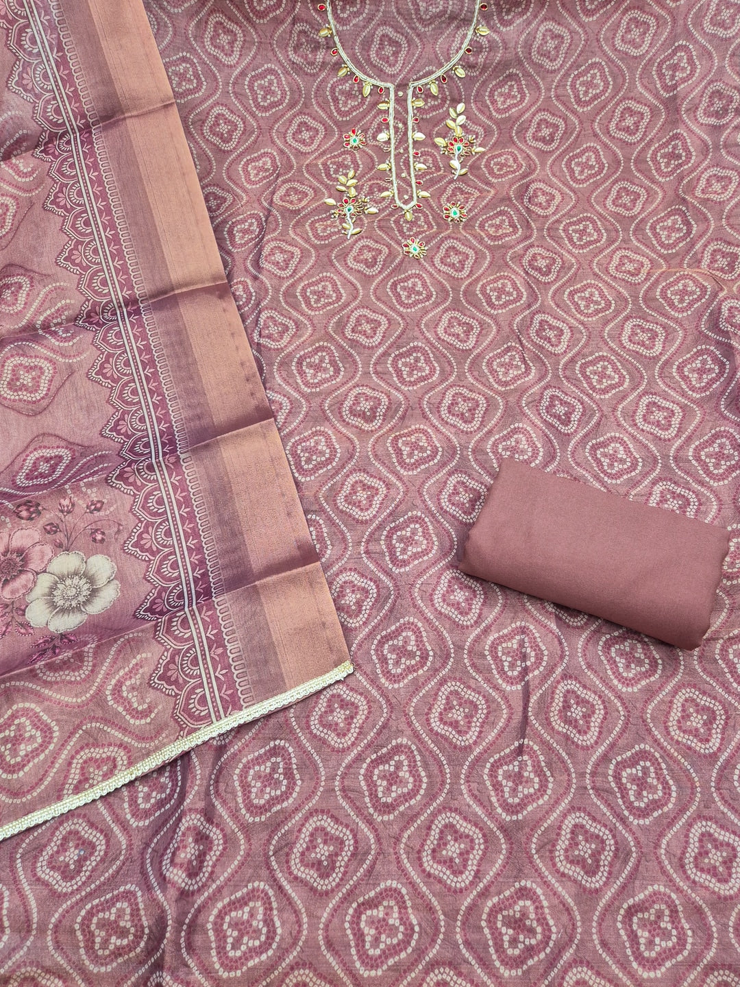 Peachmode Mauve Bandhani Print Handwork Cotton Dress Material - Image 3