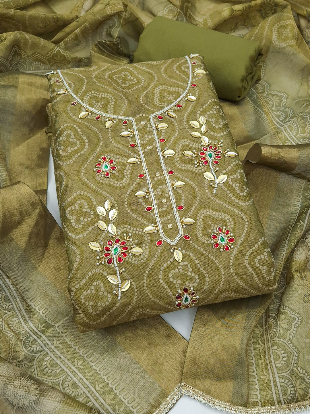 Peachmode Green Bandhani Print Handwork Cotton Dress Material - Image 1