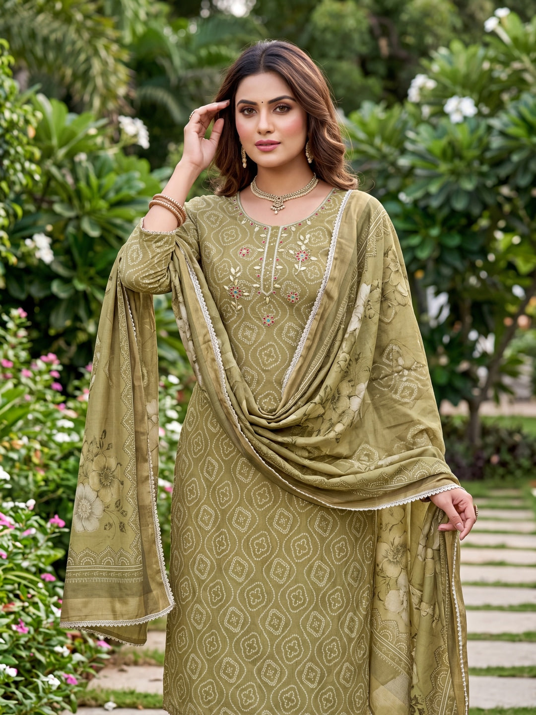 Peachmode Green Bandhani Print Handwork Cotton Dress Material - Image 2