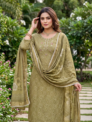 Peachmode Green Bandhani Print Handwork Cotton Dress Material - Image 2