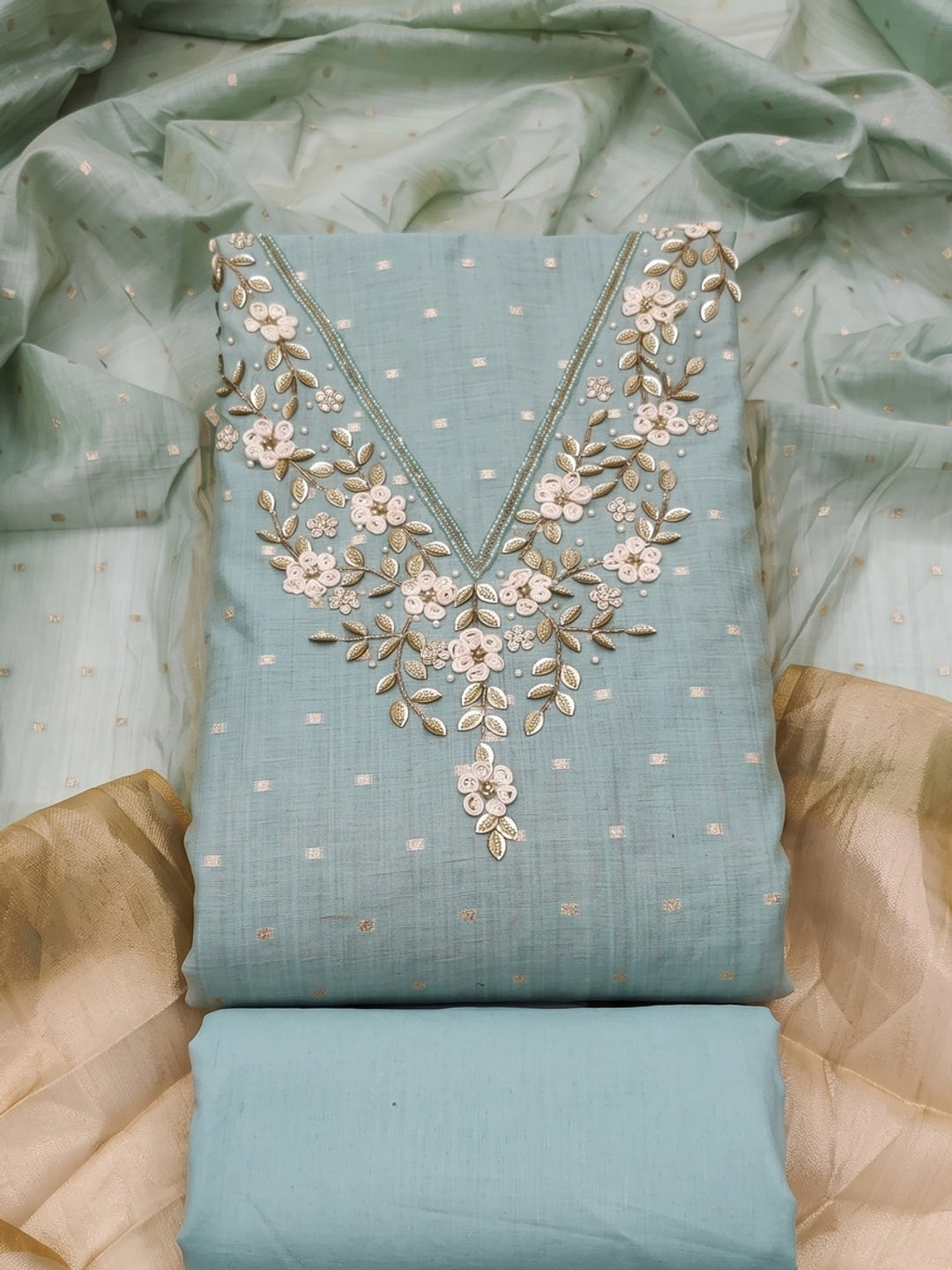 Peachmode Turquoise Banarasi Cotton Handwork Dress Material - Image 1